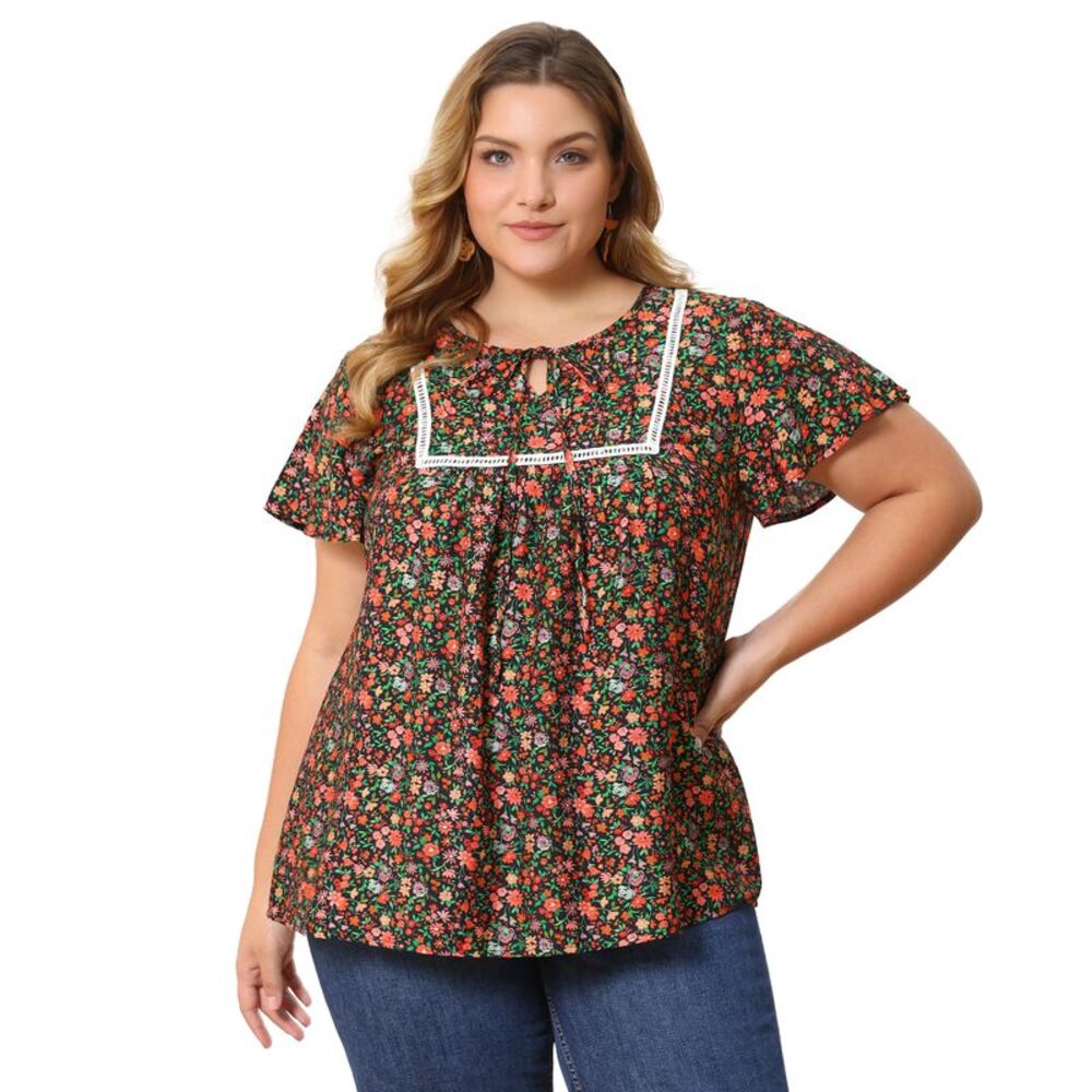 Women Plus Size Floral Tie Front Neck Ruffle Sleeve Blouse Black